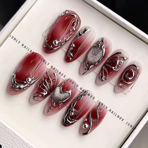 Red Y2K Wearable Nail Art Chic Silver Butterfly Love Metal Bead Almond False Nails Detachable Finished Fake Nails Press on Nails - AliExpress 