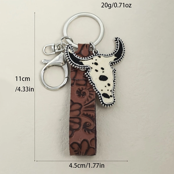 1pc Vintage Embossed Leather Cow Skull Keychain, Alloy Oblong Shape, Animal Theme, Single Piece, Decorative Ladies Key Ring with Lobster Clasp, Ideal for Homecoming Festival Decor