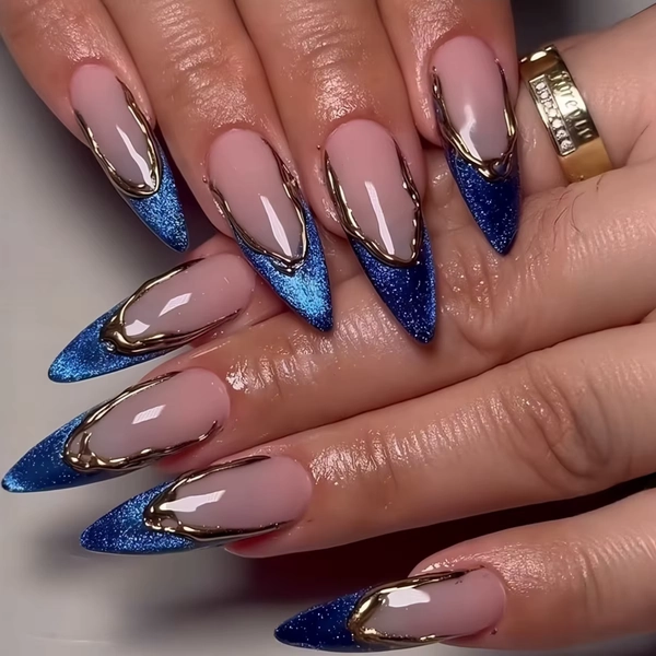 24pcs Simple Long Stiletto Press on False Nails Tips Fashion Cat's Eye French Almond Nails Art with Gilded Design Blue Fake Nail - AliExpress 