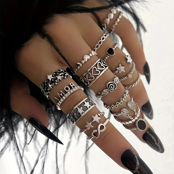 19 Alloy Ring Set Vintage Simple Love Carved Drip Oil Infinity Big Star Wings AMOR Letter Combination Set Stackable Ring Joint Ring 19pcs