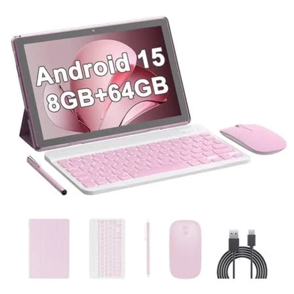 10 inch Android 15 Tablet, 2026 Newest 2 in 1 Tablet with Keyboard/ Mouse/ Case, 8GB Ram+64gb Rom+1tb Expandable Computer Tablets, 1280*800 IPS Screen
