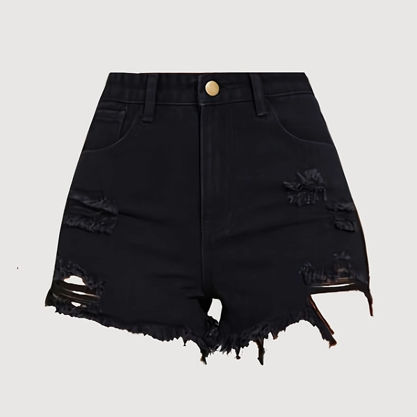 Women's High-Waisted Black Denim Shorts - Non-See-Through Edgy Casual Shorts with Frayed Edge details, Machine Washable Everyday & Party Outfits for Spring/Summer Fashion, Cute Shorts, Spring Fashion, Distressed Look, Stylish Detailing, Summer Wardrobe, Durable Fabric, Women