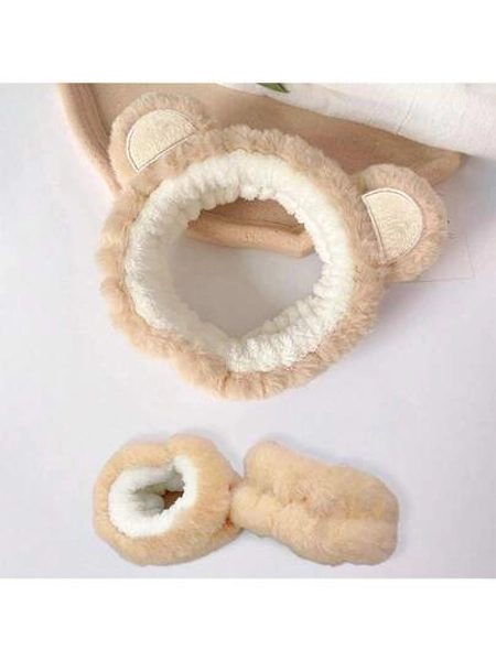 1pc Ear Detail Bath Headband & 2pcs Wrist Band Home Bathroom Decor Fall Decor Back To School Hair Accessories