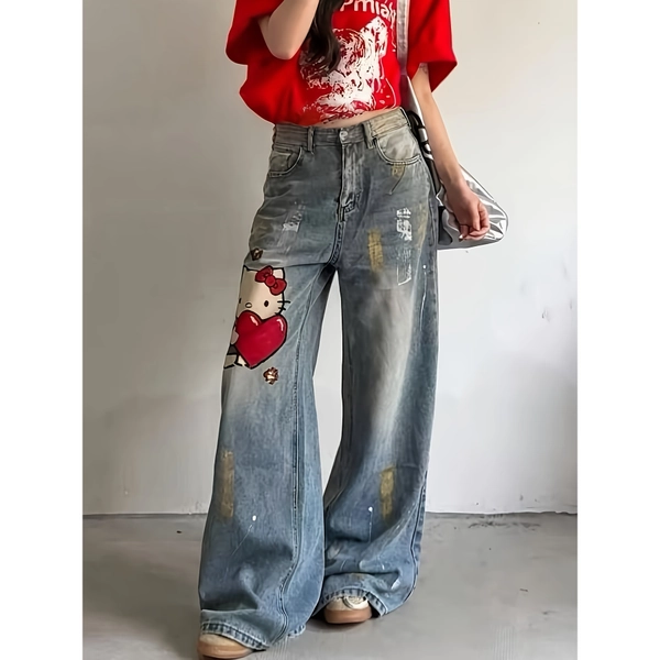 3LIOU for Hello Kitty Women's  High Waist Wide Leg Jeans- Cute Heart Pattern, Machine Washable Transparent and Non-Transparent Denim Fabric, Loose Fit Long Pants with Pockets, Suitable for Daily Wear and Parties, Kawaii Style Casual Wear