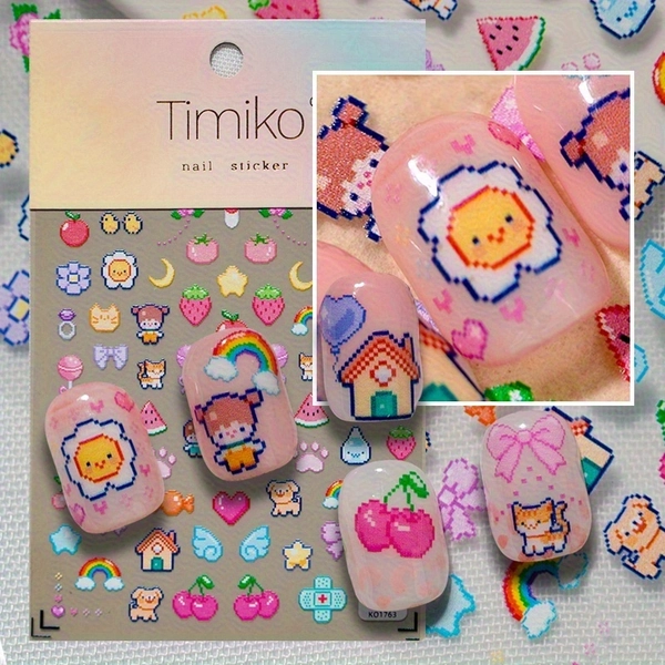 Japanese Pixel Art Nail Stickers - Y2K Retro Anime-Inspired Self-Adhesive Nail Decals with Laser-Cut Relief Design, Matte & 3D Layered Effects - Cute Anime Characters