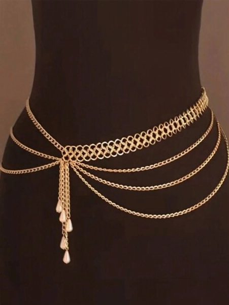 1pc Exaggerated Gold Sexy Party Body Chain, Multi-Layer Faux Pearl Tassel Waist Chain For Women, Gift For Girlfriend/Sister, Suitable For Birthday, Vacation, Party