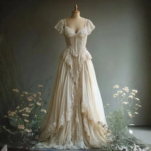 Light Champagne Vintage Dress Medieval Lace A-line Ruffled Small Train Ball Gown