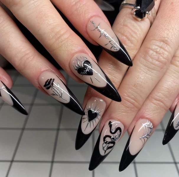 24pcs Y2K Fake Nails Black Long Pointed False Nail Patch Love Flower Printed Full Finished Wearable Press on Nail Tips for Women - AliExpress 