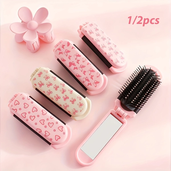 1/2pcs Foldable Comb Hair Clip Set, Fresh Print Portable Foldable Comb with Bow, Butterfly, Heart Pattern Design, Women's Pocket Comb, Travel Comb, Flower-Shaped Hair Clip, Ponytail Clip, Hair Claw, Gift