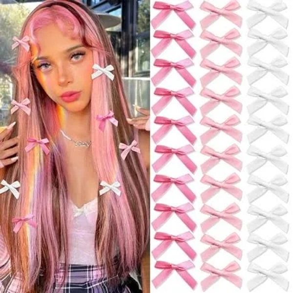Pjsbncyh 30pcs Pink Mini Hair Bows Small Bowknot Ribbon Barrettes Cute White Bow Clips for Girls Teens Metal Alligator Clips Kawaii Hair Clips