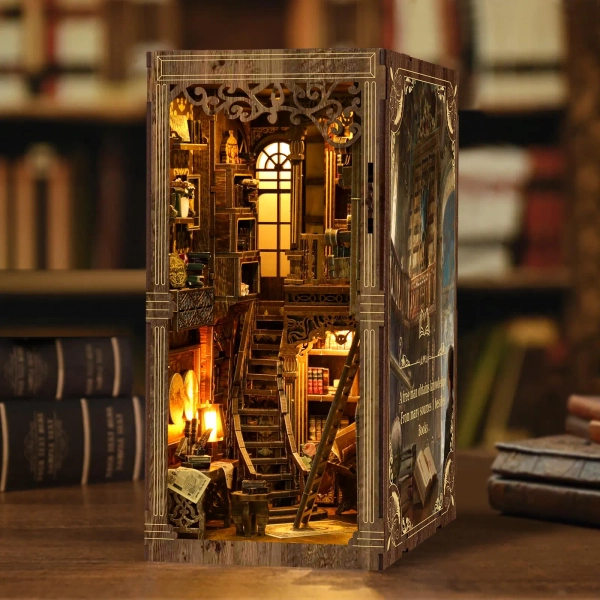 Antique Library DIY Book Nook Kit, Miniature Bookshelf Insert, Handmade 3D Wooden Puzzle, Fantasy Library Diorama, Unique Gift