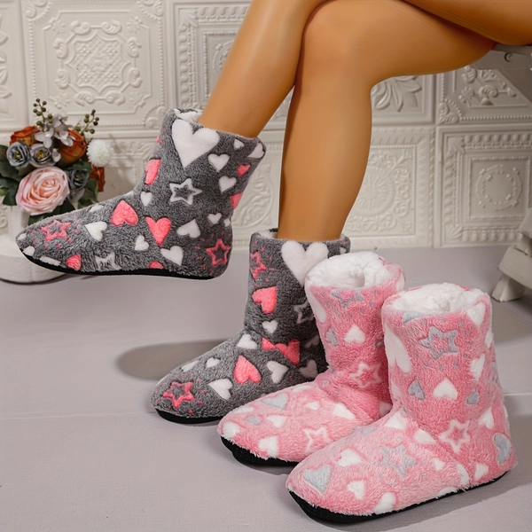 Women's Star Heart Print Fuzzy Warm Short Boot Slippers; Comfortable, Warm and Non-slip Mid-Calf Floor Boots