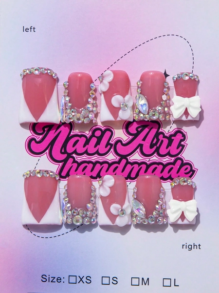 10pcs Y2K Pink White Style Nails Duckbill Press On Nails Set - Handcrafted, Glossy Finish With Black French Zebra Stripe,3D Handmade Flowers And Golden Bead Accents - Perfect For Parties & Casual Attire,Perfect Holiday Gift For Women And Girls, Includes Tool Kit Nail Supplies Handmade Press On Nails