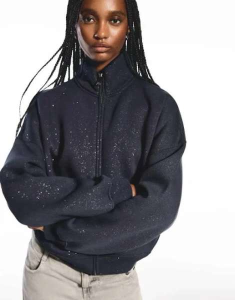 Bershka Shimmery zip-up sweatshirt in navy - Navy - S - UK 8