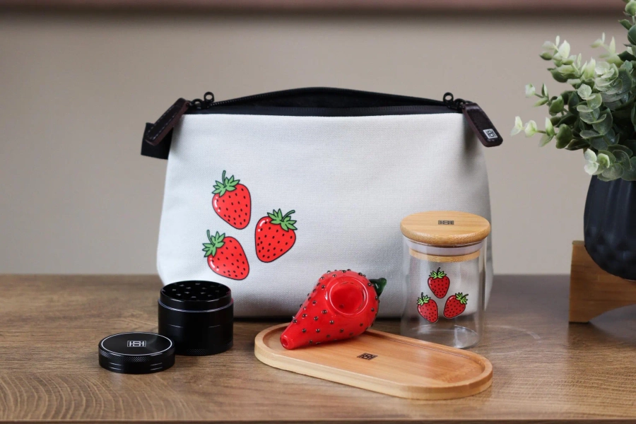 Strawberry Smell Proof Smoking Kit: Pouch, Glass Pipe/ Bowl , Grinder, Jar & Rolling Tray
