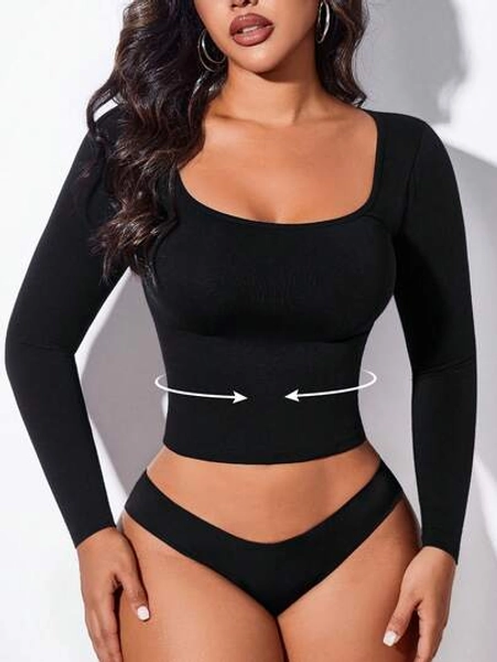 Women Long Sleeve Square Neck Tight Fitted Going Out Basic T-Shirt