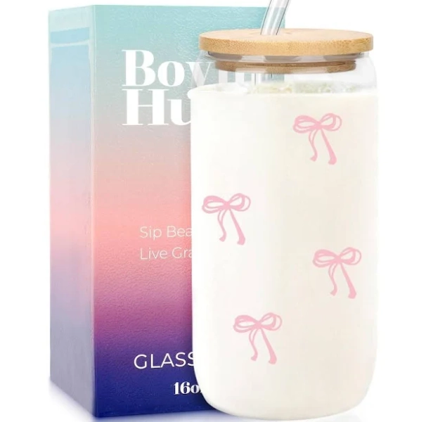 Aesthetic Bow Glass Cups, Cute Girly Preppy Iced Coffee Cup w/ and Straws 16oz Drinking Glasses Gifts for Women Teen Girl Gifts Trendy Stuff