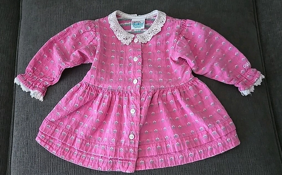 Vintage 1980's Baby OshKosh Button Down Pink Dress Lace Detail SIZE 12 MONTHS