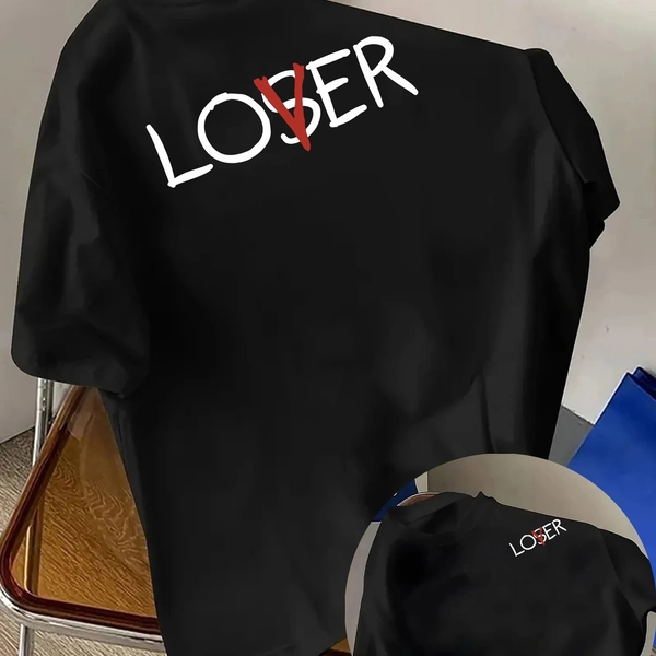 1pc Men'S Fashion Trendy Short Sleeve T-Shirt | LOSER Double-Sided Print, Casual Style, Crew Neck, Medium Stretch Spandex Fabric, Perfect for Daily Casual and Fitness Activities