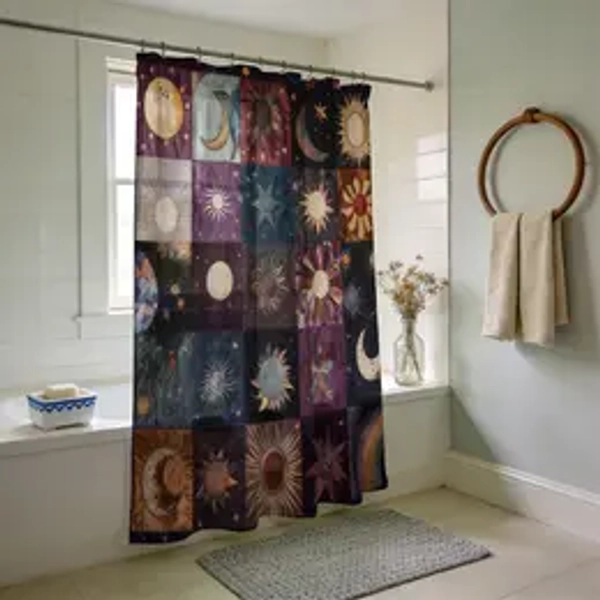 Sun & Moon Pattern Plaid Print Semi-Transparent Waterproof Decorative Shower Curtain, Elegant Bathroom Decor with 12 Hooks, Floral Design, Holiday Gift, Bathroom Accessory, Bath Curtains Shower