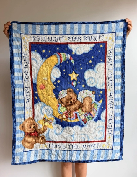 Vintage Teddy Bear Cheater Quilt 42x34 Baby Blanket Moon Stars Nursery Throw