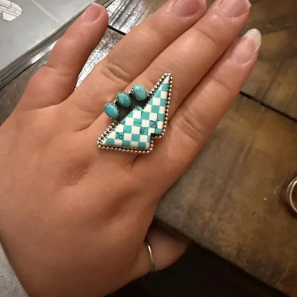 Checkered lightning bolt stretch Ring turquoise western rose thunder Ring boho style Ring burnished silver lightning Ring