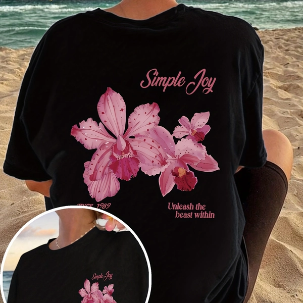 2026 Spring/Summer New Women's Round Neck Floral Letter Double-Sided Print Fashion Summer Oversized Drop Shoulder Short Sleeve Casual T-Shirt
