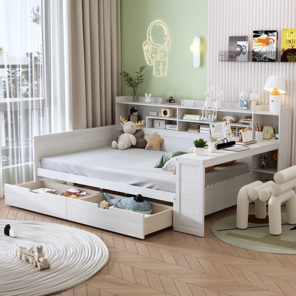 Wooden Full Size Daybed with Storage Shelves, Multi-Functional Bed with 2 Storage Drawers And Study Desk, Antique White