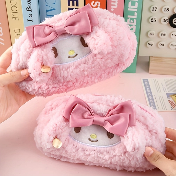 Authorized Sanrio Series Melody Plush Handbag, Plush Lamb-Shaped Melody Pencil Case, Adorable Large-Capacity Cartoon Cosmetic Bag, Stylish Bow-Themed Stationery Items