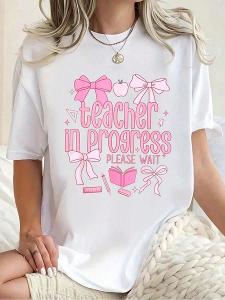 White Top, Women Teacher In Progress Coquette Pink Bow Future Teacher T-Shirt Summer Tops, Short Sleeve Round Neck Casual Top For Summer & Spring, Women's Clothing