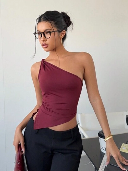 Siren Gaze Valentine's Day Burgundy Red Twist One Shoulder Top Elegant Slim Top For Women Christmas Summer New Year Casual