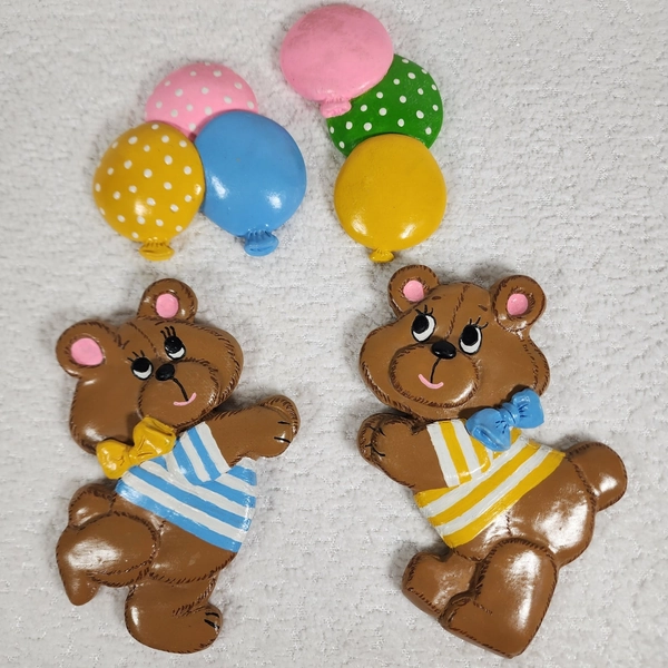 Vintage Teddy Bear Balloon Wall Plaques Set 4 Chalkware Nursery Decor Hand Paint