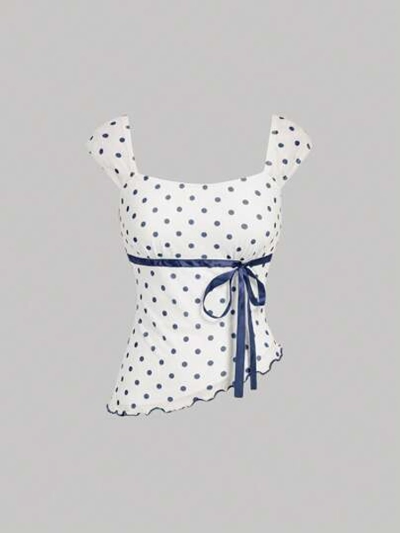 SHEIN MOD Asymmetric Bow Ruched Mesh Polka Dot Blouse Top
