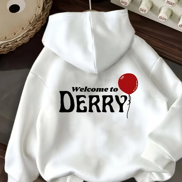 Welcome to Derry" Red Balloon Print Hooded Sweatshirt - Cozy Pullover with Drawstring Hood, Casual Winter Warmth for Home & Outings