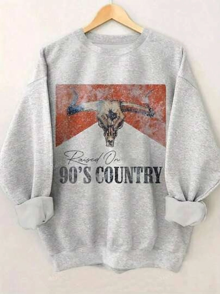 90s Country Western Bull Graphic Retro Women Sweatshirt, Women's Casual Dropped Shoulder Crew Neck Long Sleeve PulloverFashionable Sweatshirts For Men And Women