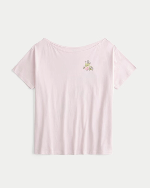 Oversized Off-the-Shoulder Strawberry Matcha Graphic Tee
