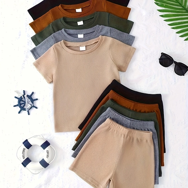 10pcs Boys' Casual Solid Color Knit Short Sleeve Tops and Elastic Waist Shorts Set, Perfect for Outdoor