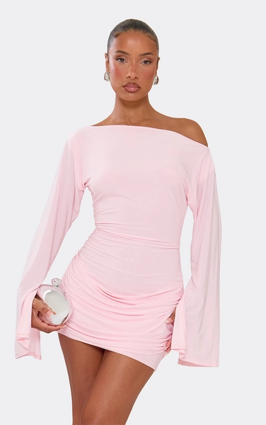 Off The Shoulder Long Flared Sleeve Drape Front Mini Dress In Baby Pink.