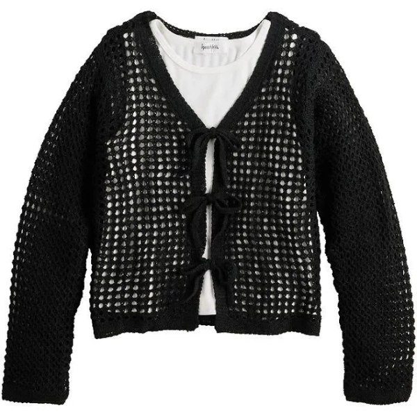Speechless Girls Tie Front Crochet Cardigan & Tank Top Set