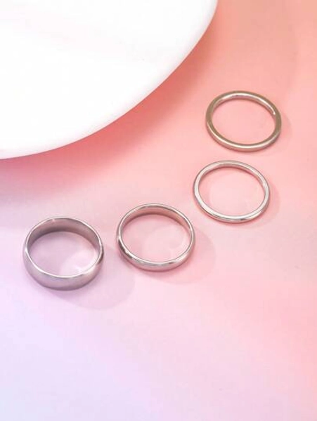 4pcs Stainless Steel Silver Fashionable And Simple Smooth Ring Set That Can Be Worn By Both Men And Women, Suitable For Neutral Daily Decoration Or Gift Giving, Finger Size 6 To 13