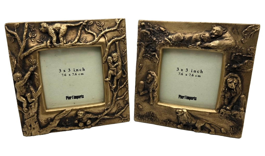 Pier 1  Set Of 2 Gold 3x3 Jungle Safari Elephant Lion Square Picture Frames