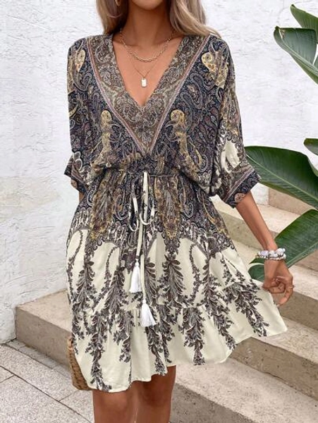 Breezaya Paisley Print Batwing Sleeve Tassel Tie Front Ruffle Hem Dress Vacation Beach Outfits Women - Size M
