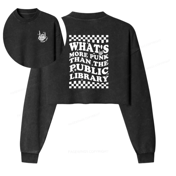 Pagewings Punk The Public Library Women Washed Crop Sweatshirt