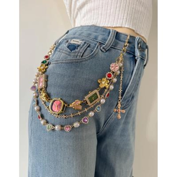 Colorful Watch Charm Pants Chain, Vintage Style Pearl Waist Jewelry, Handmade Jeans Chain with Cross & Heart Charms,Y2K Belt Accessory Gift