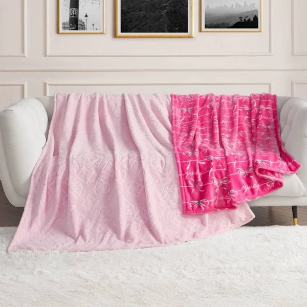 Juicy Couture Royal Embossed/Bow Plush Throw Blanket Set of 2