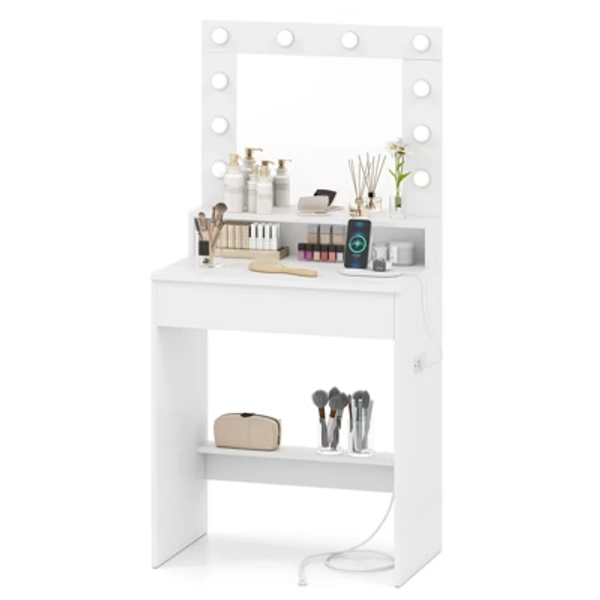 Costway Vanity Desk with Mirror and Lights with 3 Light Modes & Adjustable Brightness White