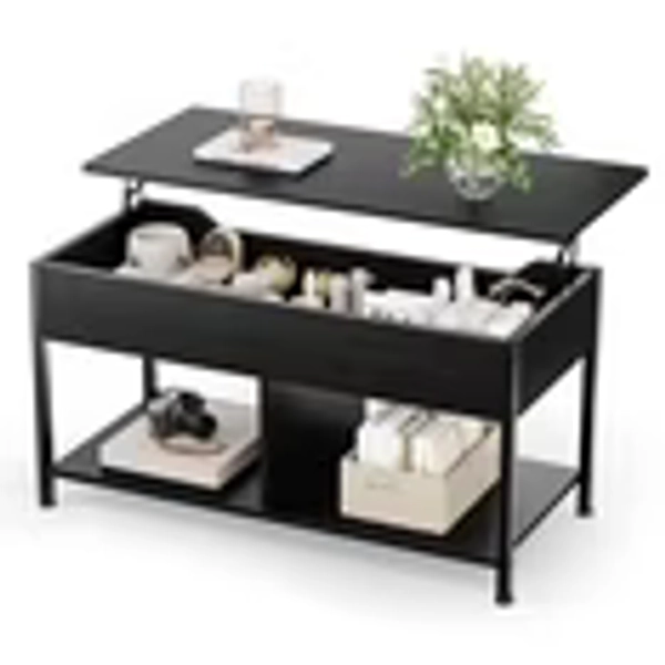 Gianna Lift Top Coffee Table with Storage 39" Center Table with Hidden Compartment & 2 Shelves Farmhouse, Wood Coffee Table for Living Room with Sturdy Lift-Top Adjustable Feet，Black