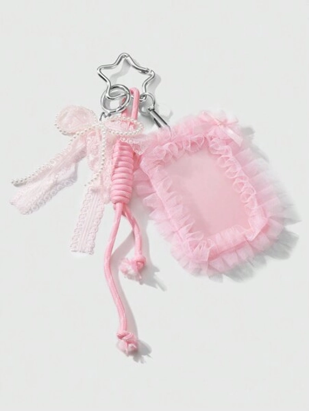 ROMWE Kawaii 1pc INS Korean Style Handmade Beaded White Faux Pearl & Pink Crystal Lace Bow Card/ID Badge Holder With Adjustable Lanyard Rope, Keychain Bag Charm, Suitable For Office Workers, Students, Daily Wear, Holiday Gift - Size M