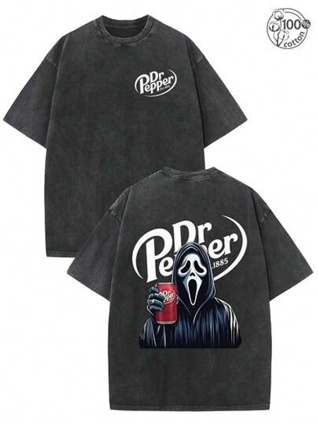 Dr. Pepper Ghost Face Horror  Halloween Double-Sided T-Shirt, Dr. Pepper Men And Women T-Shirt, Halloween  T-Shirt, Boutique 230g Washed Batik Retro Thick Cotton T-Shirt, Couple Fashion Casual Exquisite Cotton T-Shirt