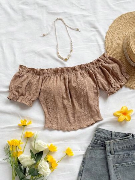 Soleia Versatile Off Shoulder Frill Elastic Cropped Wrinkled Short Sleeve T-Shirt Top Off The Shoulder Top Off Shoulder Crop Top Smocked Top Milkmaid Top Eyelet Top Summer Top